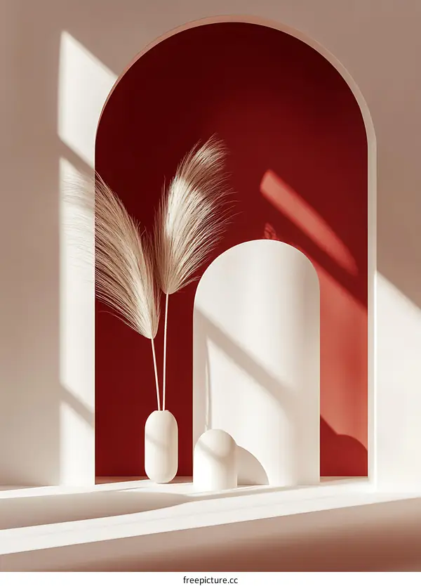 Minimalist White and Red Archway with Pampas Grass