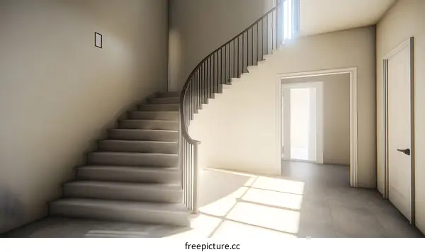 Modern Interior Design with Curved Staircase and Sunlight