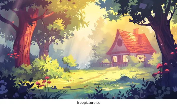 Sunbeams Through The Forest With A Cottage