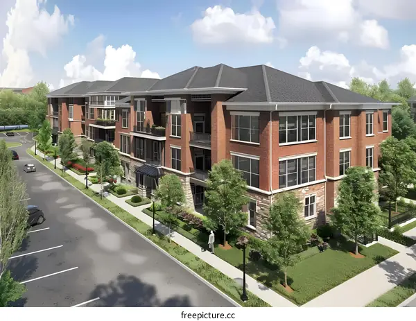 Modern Brick Apartment Building With Greenery and Pedestrian