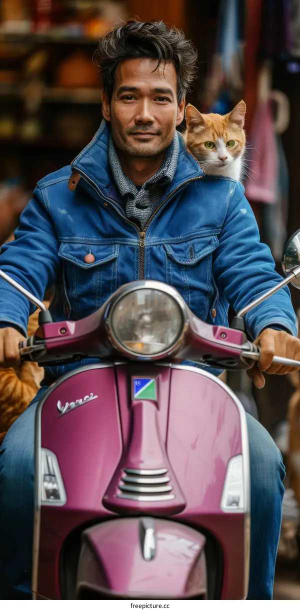 A man riding a scooter with a cat on his shoulder
