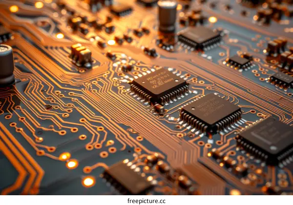 A close-up of an electronic circuit board with orange lighting