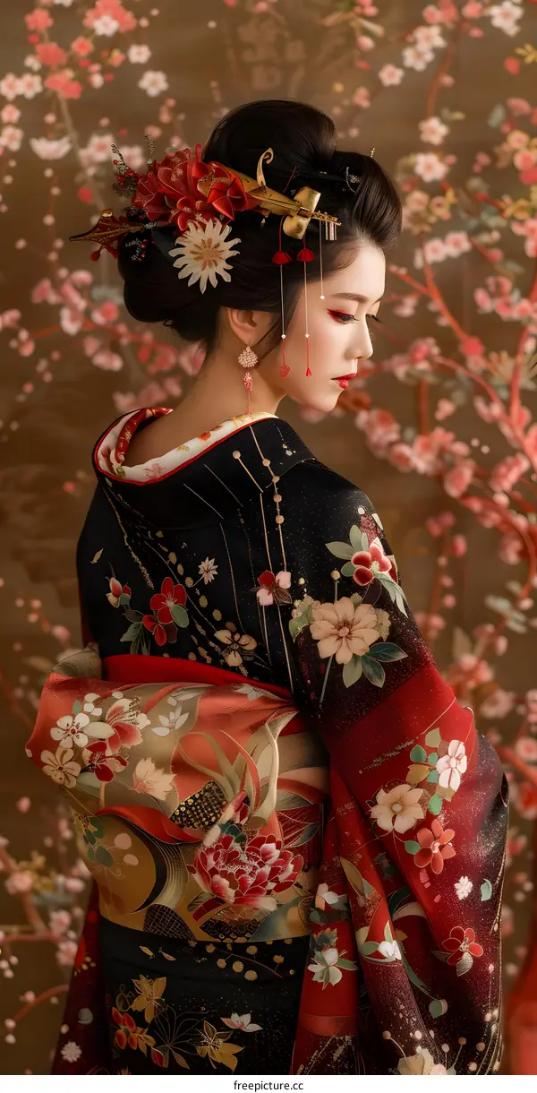 A Japanese woman wearing a kimono with a floral pattern