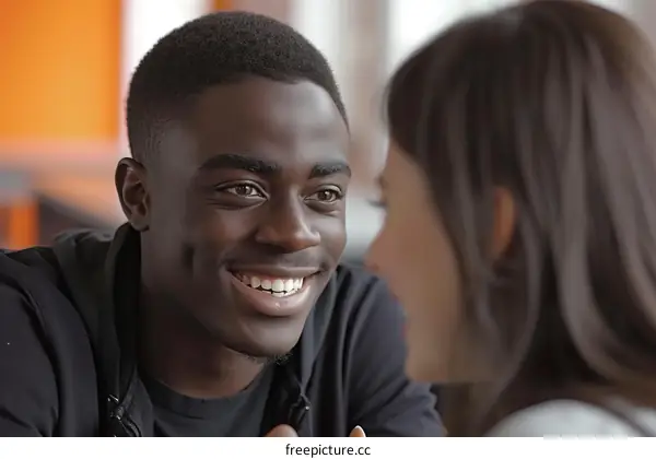 A young African-American man smiling at a woman