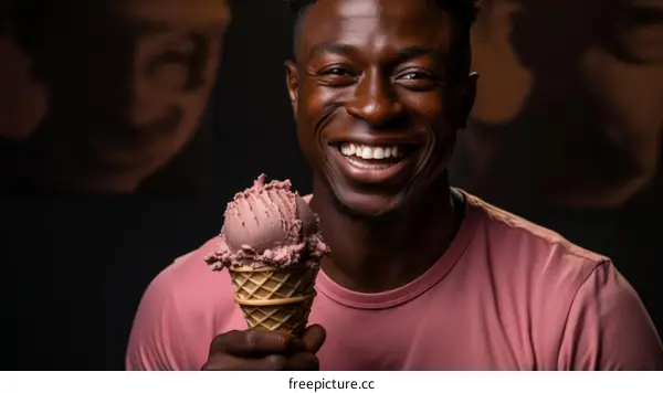 Portrait of a young African-American man smiling and holding an ice cream cone