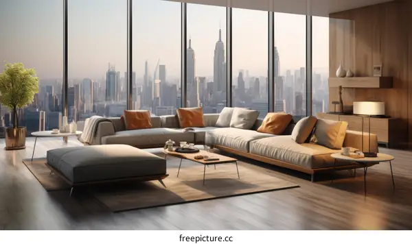 Modern living room interior design with city view