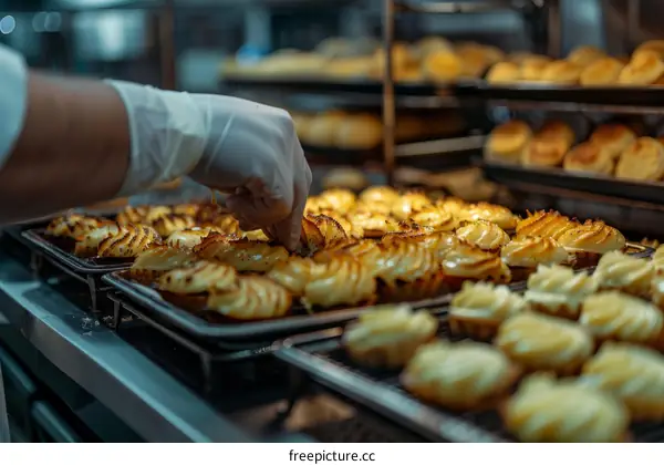 Close-up of chef's hand preparing potato gratin in the kitchen