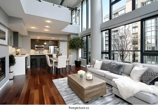 Modern Open-Concept Apartment Living Room with Kitchen and Dining Area