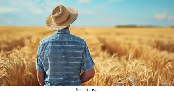 A farmer is standing in a golden wheat field and looking at the view