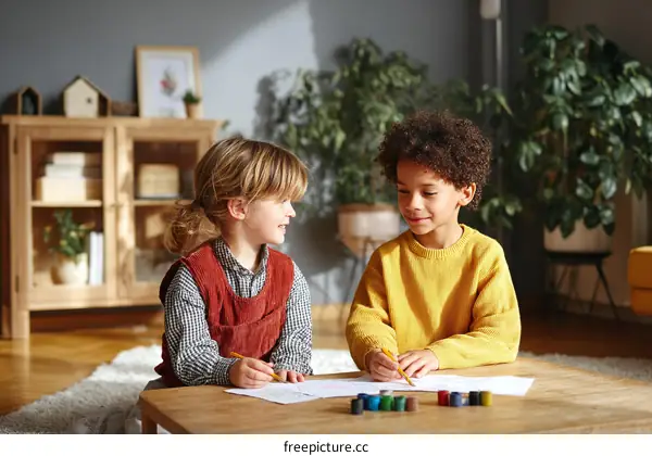 Two Children Drawing at a Small Table