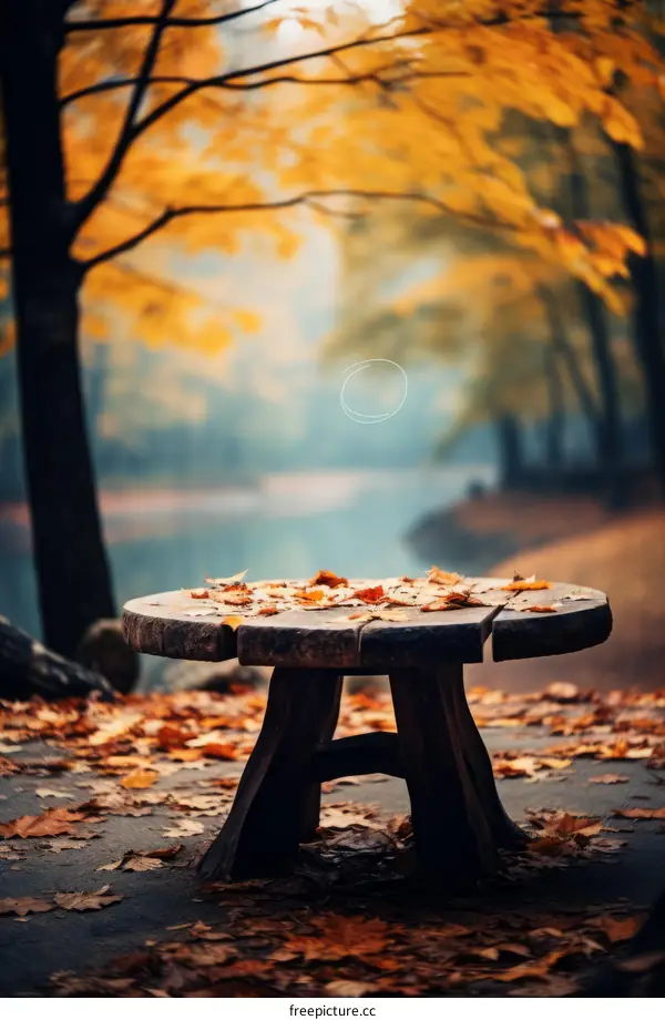 Wooden table in autumn park with yellow fallen leaves