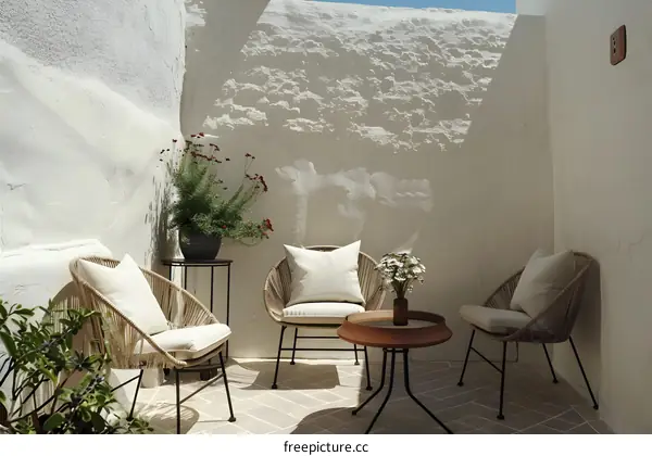 White Wall Patio With Wicker Chairs And Flowers