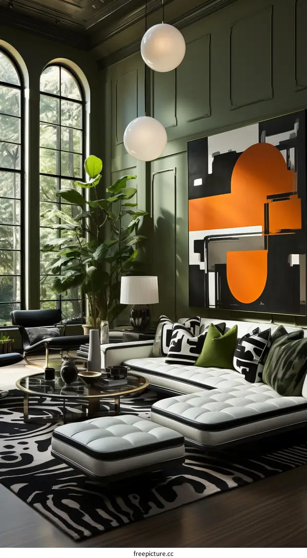 Modern living room interior with green walls, large windows and stylish furniture
