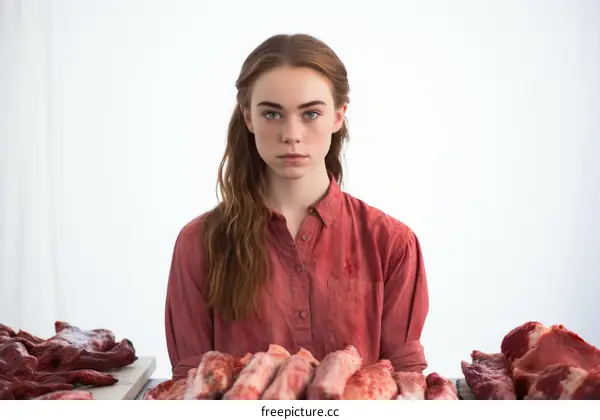 Portrait of a young woman covered in blood and surrounded by raw meat