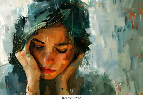 A woman with green hair holding her head