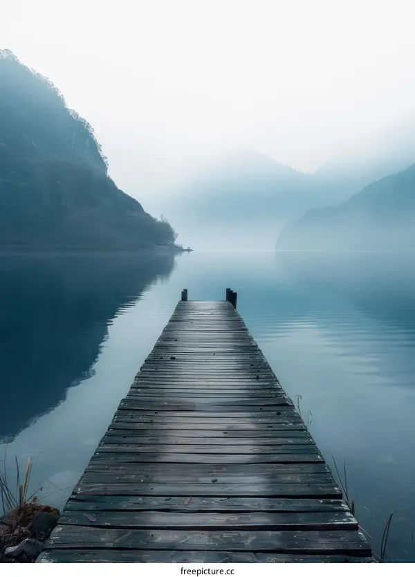 Wooden dock extending into a calm lake on a foggy day