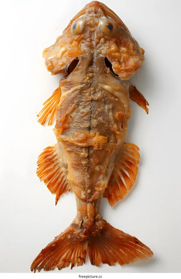 Fried fish bones on white background