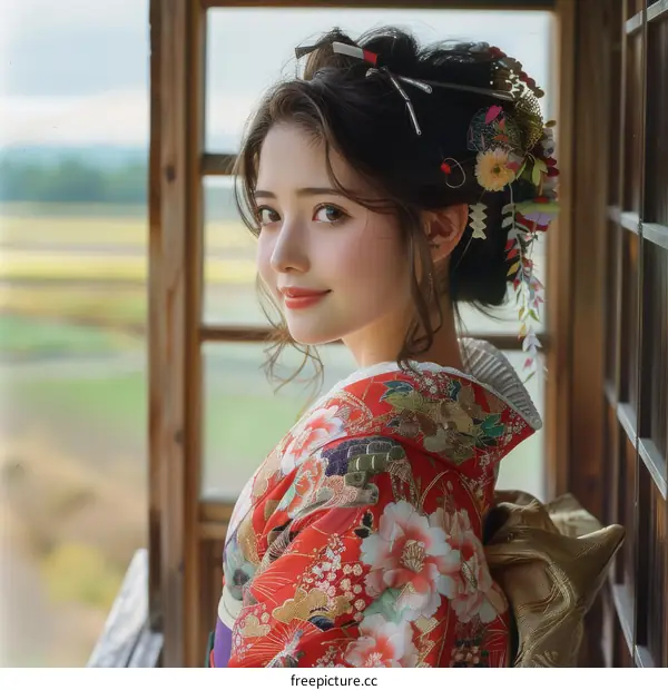 Portrait of a beautiful young woman in a kimono