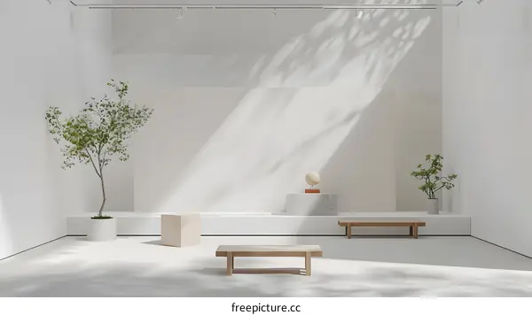 Minimalist Interior Design with Wooden Benches and Green Plants