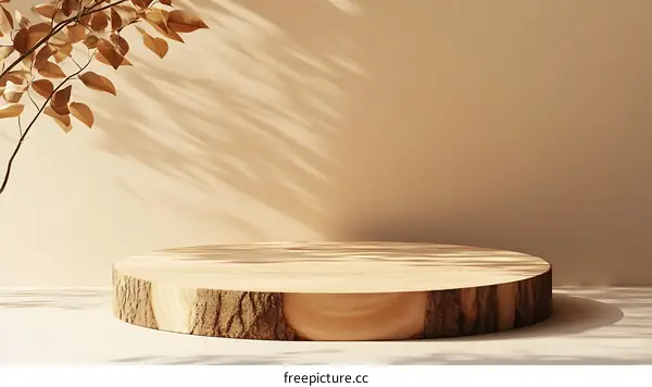 Natural Wood Display Stand with Autumnal Leaves