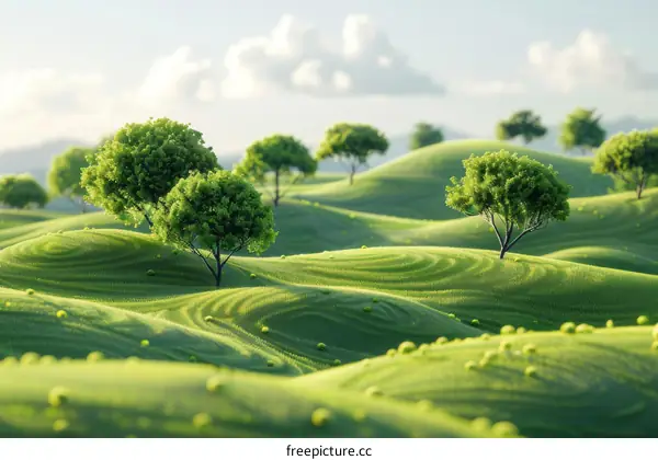 Rolling Green Hills and Blue Sky with White Clouds