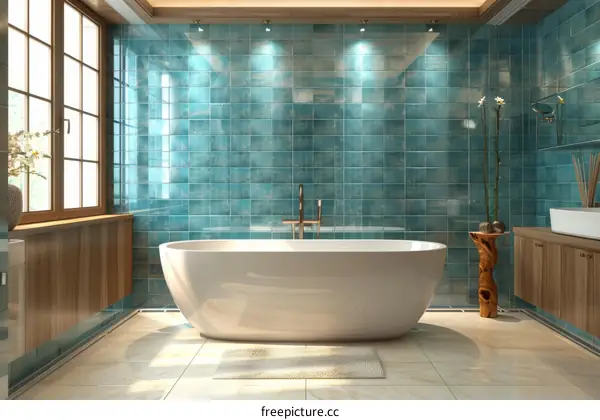 Modern Bathroom with Teal Tiles and Bathtub