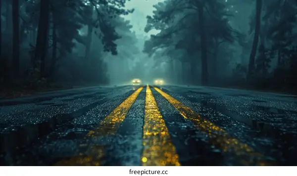 Cars drive through a dark and misty forest