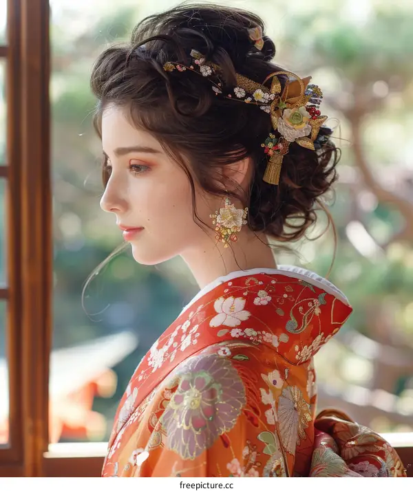 Elegant Foreign Bride Wearing Traditional Japanese Kimono