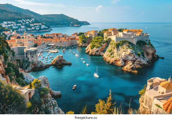 Aerial View of Croatian Coastline with Ancient Walls and Boats