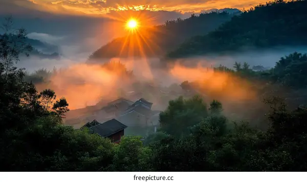 Sunrise over a Misty Mountain Village