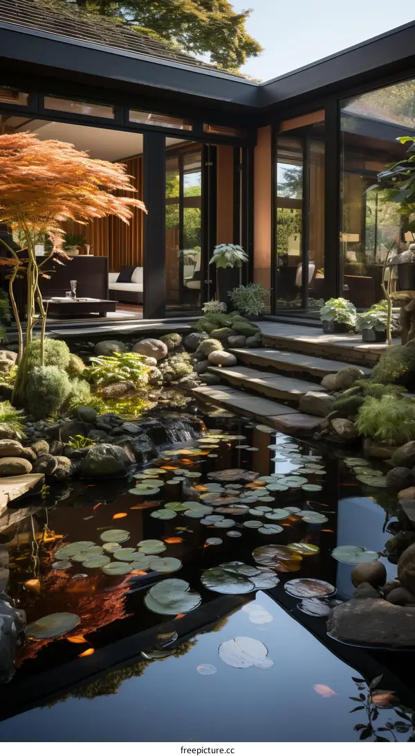 Tranquil Japanese Garden Courtyard with Koi Pond