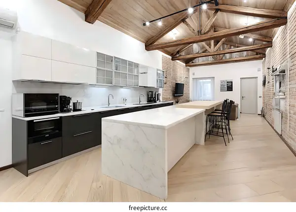 Modern Open-Concept Kitchen with Exposed Beams