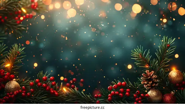 Festive Christmas Background with Fir Branches, Berries, and Pinecones