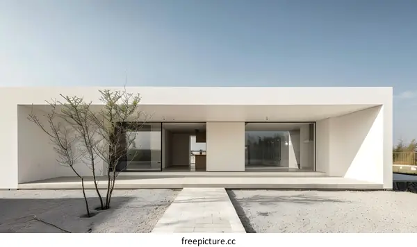 Modern Minimalist White House With Sliding Glass Doors And Gravel Garden