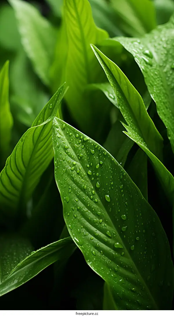 Close-up of water drops on a large leaf in a tropical rainforest