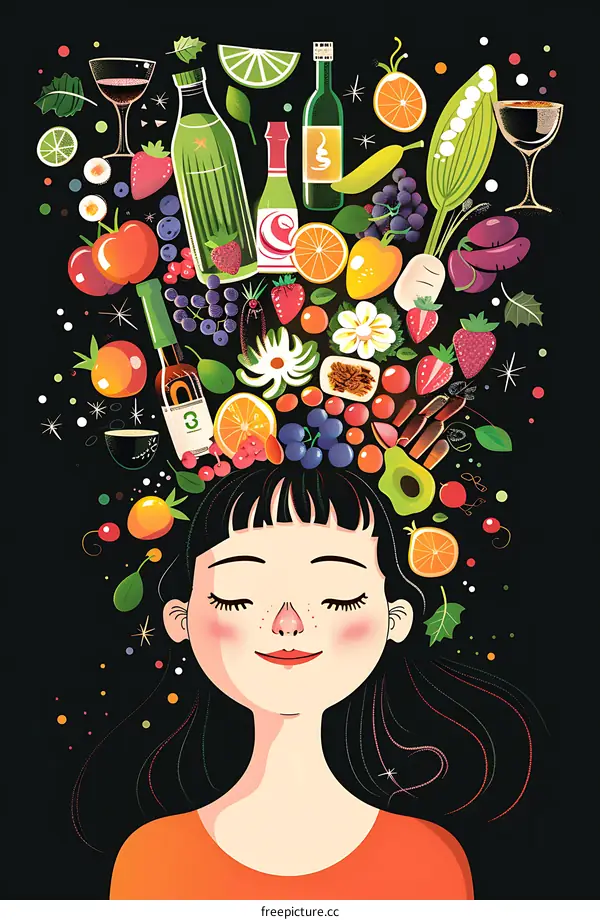 Woman with Fruits and Vegetables on Her Head