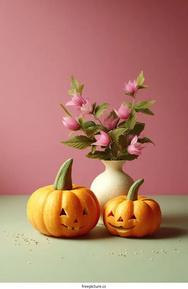 Halloween Pumpkins with Pink Flowers Arrangement