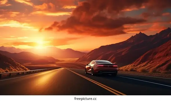 Red sports car driving through a canyon at sunset