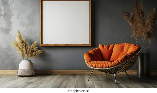 Modern Living Room Scene with Orange Chair and Blank Canvas