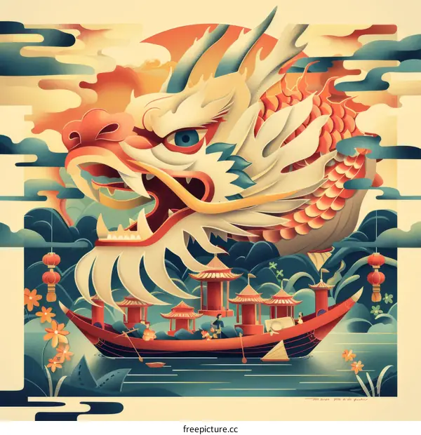 Dragon Boat Race Illustration with a Prominent Dragon Head in the Foreground
