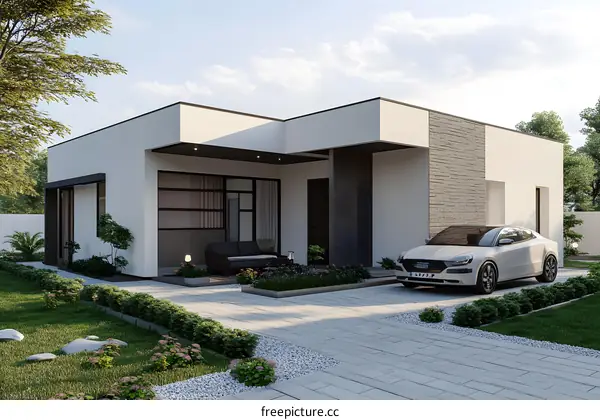 Modern House Exterior Design with Car and Landscaping