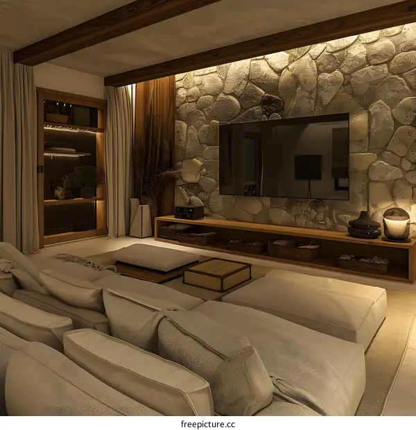 Modern Living Room Interior Design With Stone Wall
