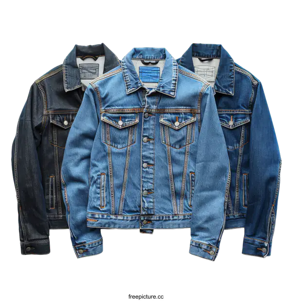 [Transparent Background PNG]Three different blue denim jackets on black background