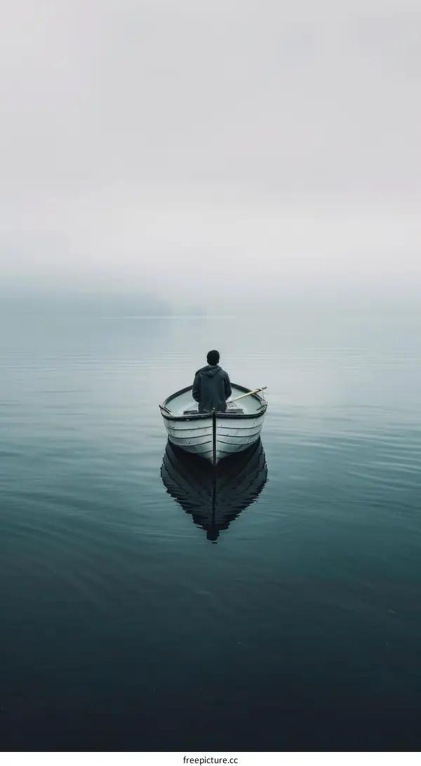 Man in a boat on a foggy lake