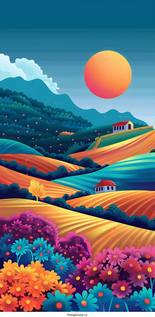 Colorful Landscape Illustration with Houses and Sun