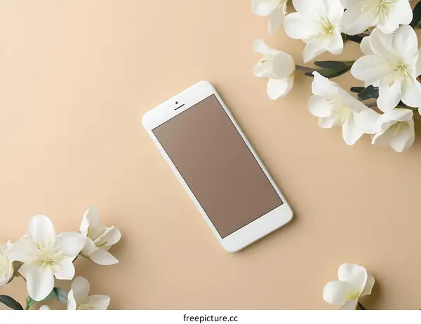 White Smartphone Mockup on Beige Background with White Flowers