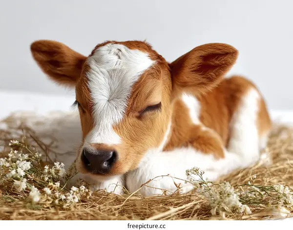Adorable Baby Calf Napping in Hay