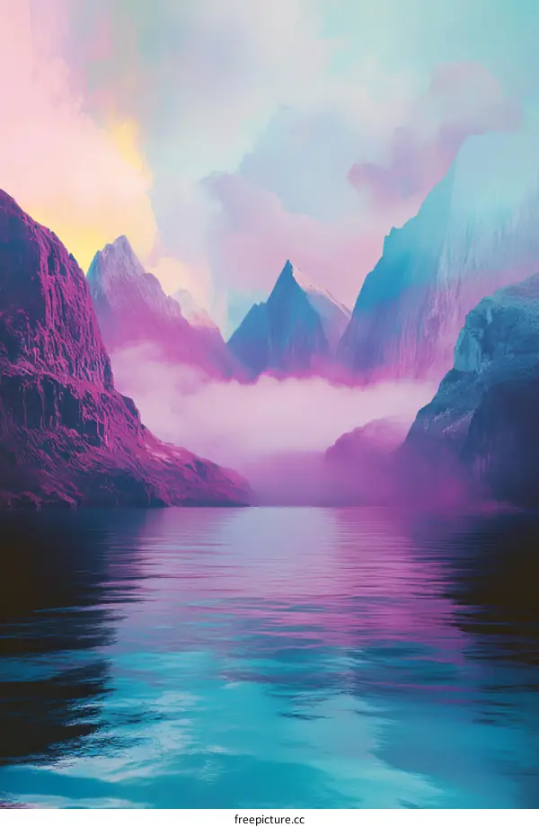 Colorful Mountain and Lake Landscape Illustration