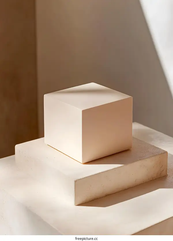 Minimalist Beige Cube Mockup On Steps With Sunlight