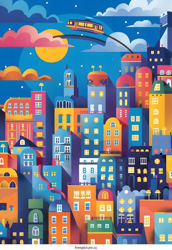 Colorful Cityscape Illustration With Buildings And A Train In The Sky